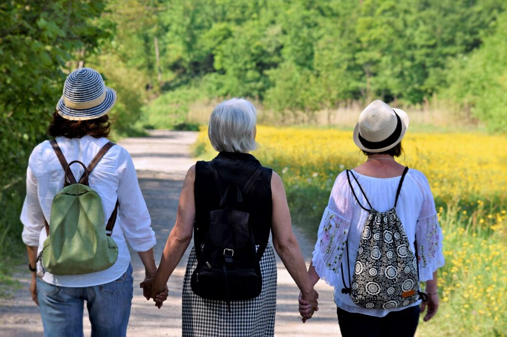 women, girlfriends, nature, walk, friendship, together, hike, cohesion, help, affection, generations, mother, pleasure, trust, happy mothers day, path, future, old, menopause, connectedness, life, excursion, recreation, time out